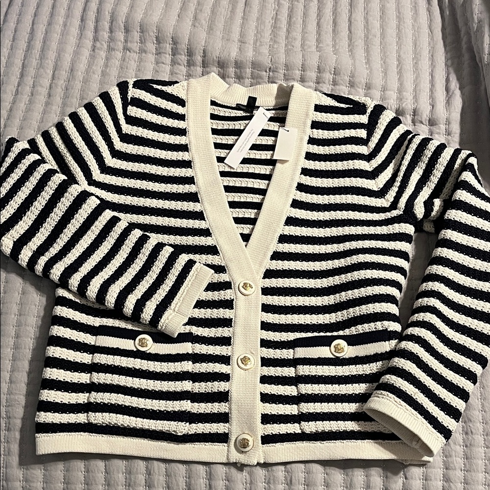 Talbots Black and White Striped V-Neck Cardigan